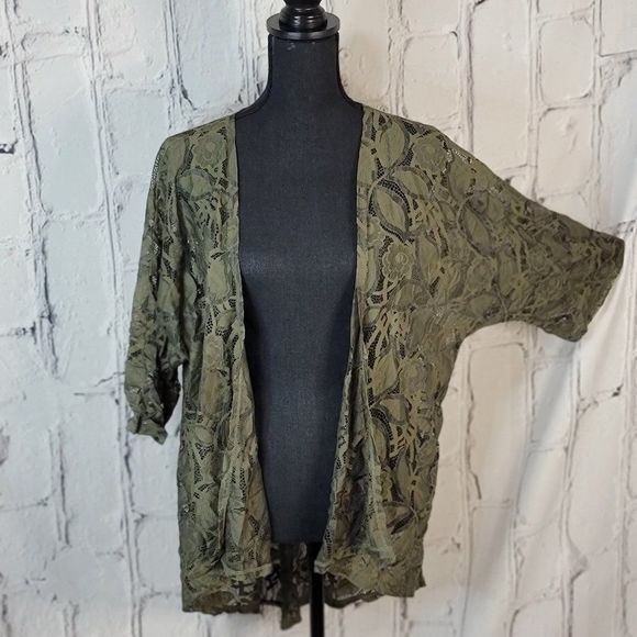 LuLaRoe Tops - LuLaRoe Lindsay Army Green Lace Kimono | Size Medium